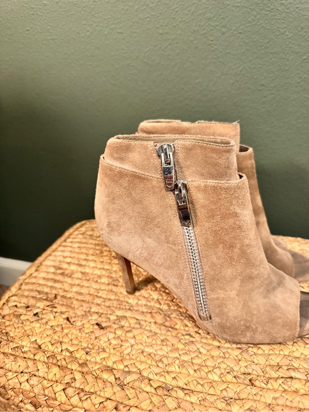 Via Spiga Taupe Suede Peep-Toe Ankle Booties with Silver Zipper